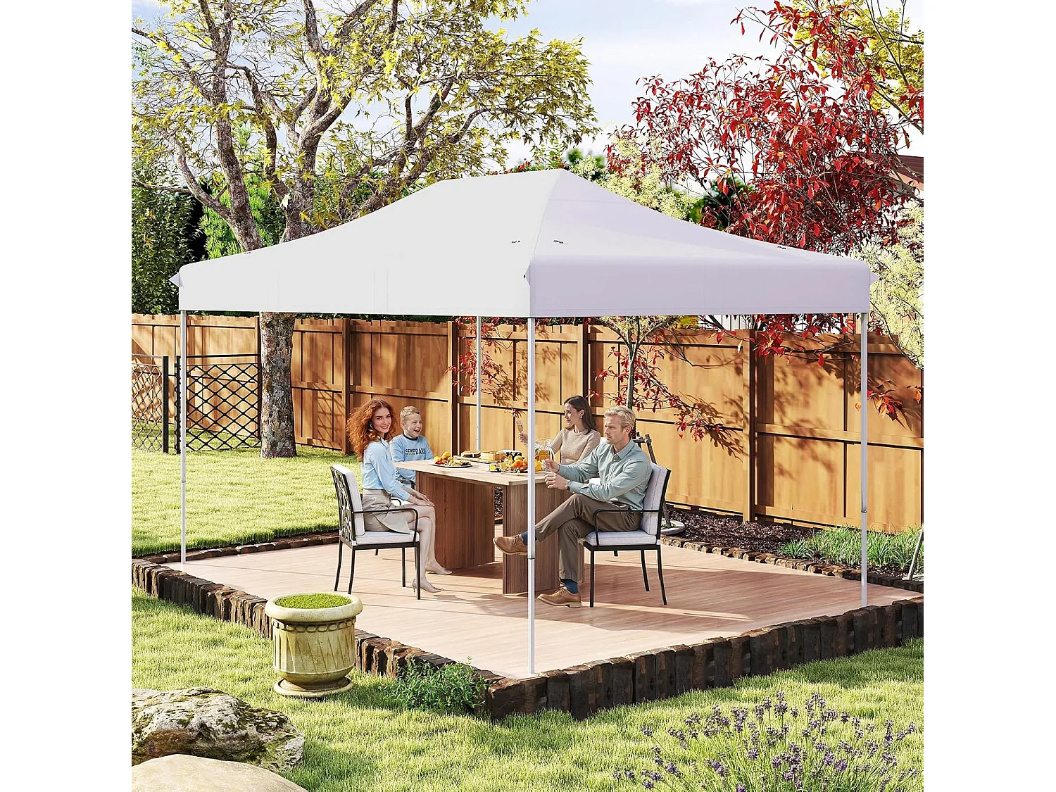 Tonnelle de Jardin Instantanée 300 x 445 CM, Tente de Jardin avec Trous de Drainage Sac à roulettes 4 Cordes, Abri Ajustable pour Marché Camping Mariage (Blanc)