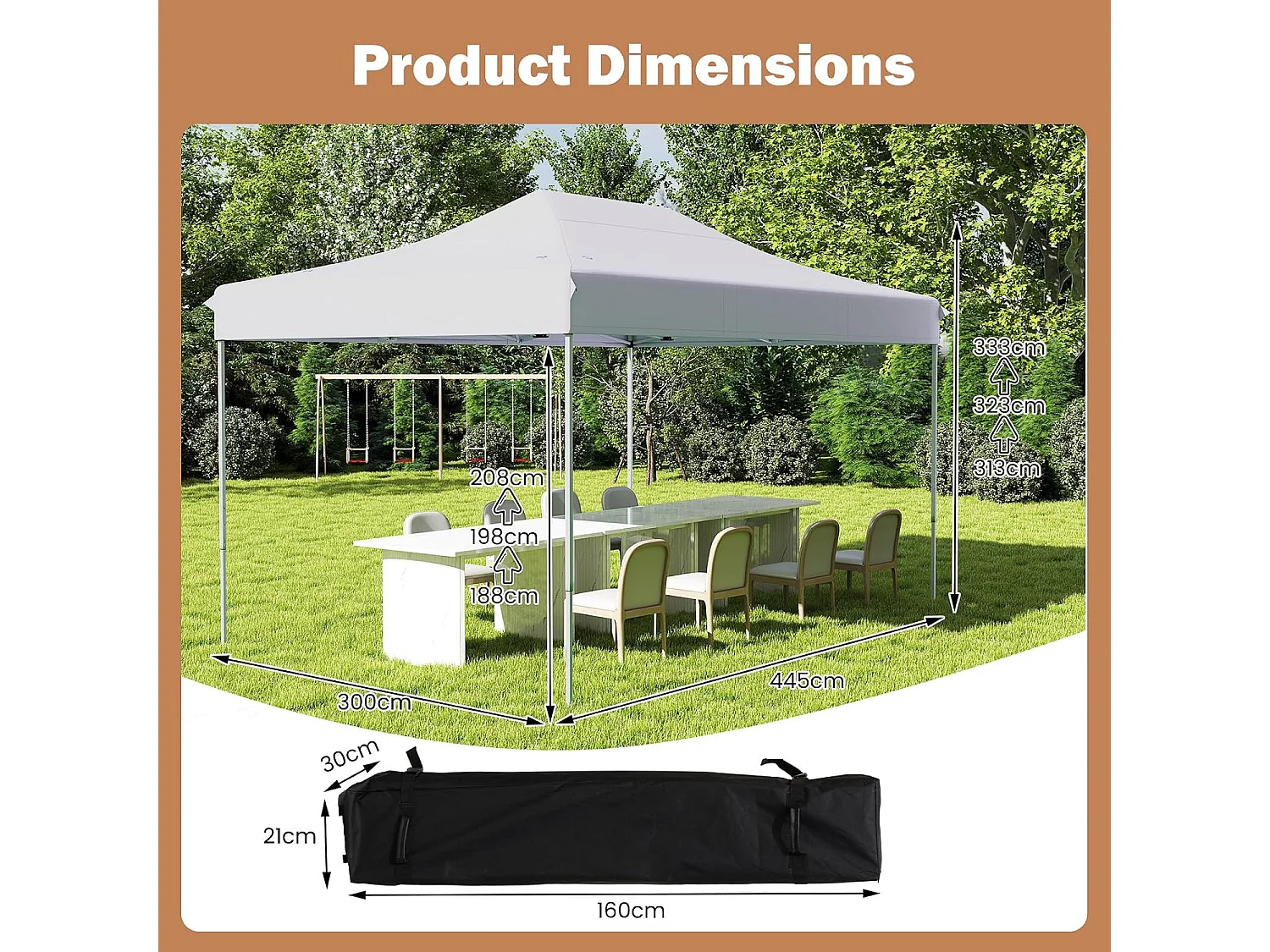 Tonnelle de Jardin Instantanée 300 x 445 CM, Tente de Jardin avec Trous de Drainage Sac à roulettes 4 Cordes, Abri Ajustable pour Marché Camping Mariage (Blanc)