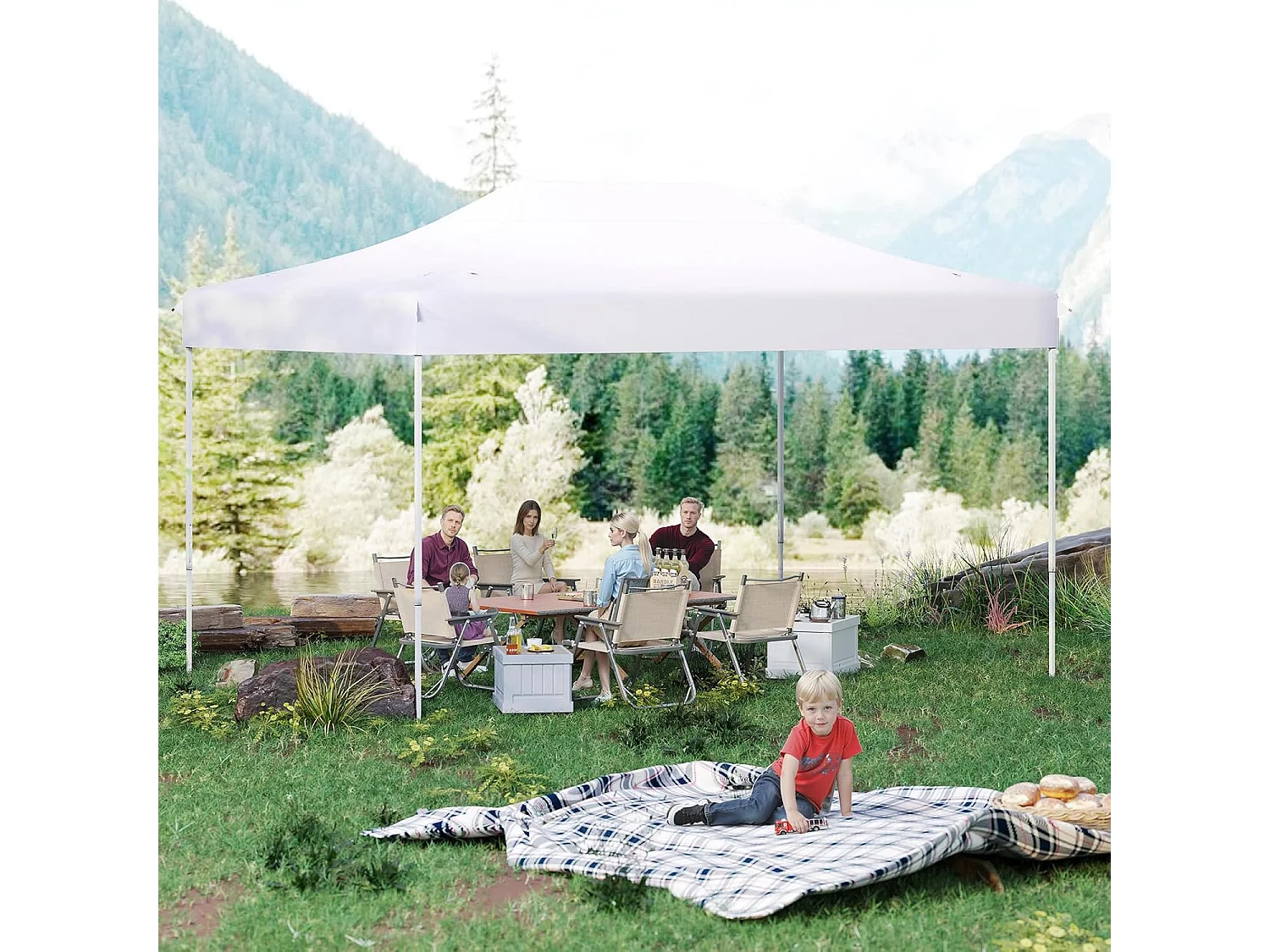 Tonnelle de Jardin Instantanée 300 x 445 CM, Tente de Jardin avec Trous de Drainage Sac à roulettes 4 Cordes, Abri Ajustable pour Marché Camping Mariage (Blanc)