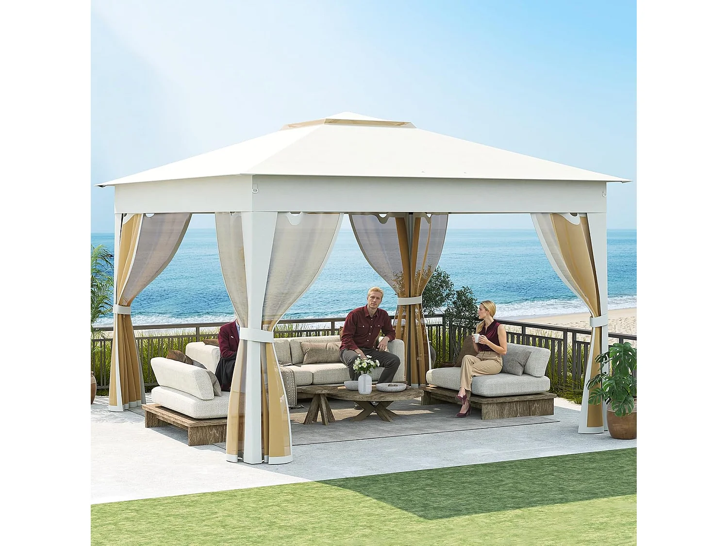 Tonnelle de Jardin 337 x 337 CM avec Filet en Maille 4 Côtés, Instantanée à Double Toit avec Sac de Transport, Abri Pare-Soleil Pliable Installation Facile, Beige