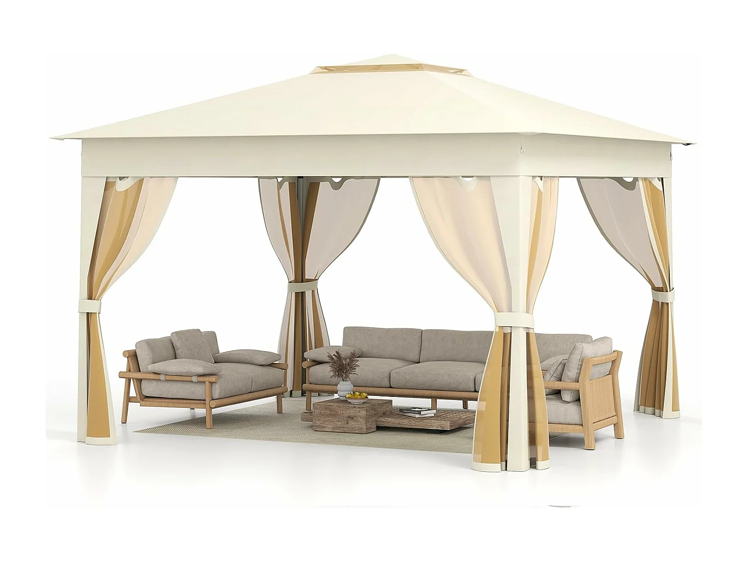 Tonnelle de Jardin 337 x 337 CM avec Filet en Maille 4 Côtés, Instantanée à Double Toit avec Sac de Transport, Abri Pare-Soleil Pliable Installation Facile, Beige