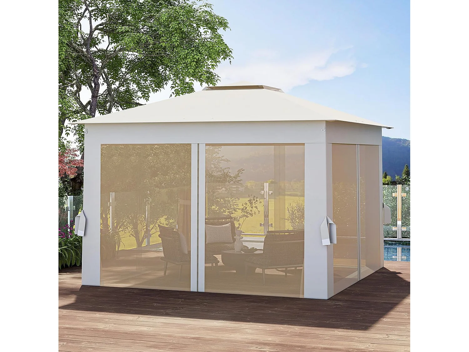 Tonnelle de Jardin 337 x 337 CM avec Filet en Maille 4 Côtés, Instantanée à Double Toit avec Sac de Transport, Abri Pare-Soleil Pliable Installation Facile, Beige