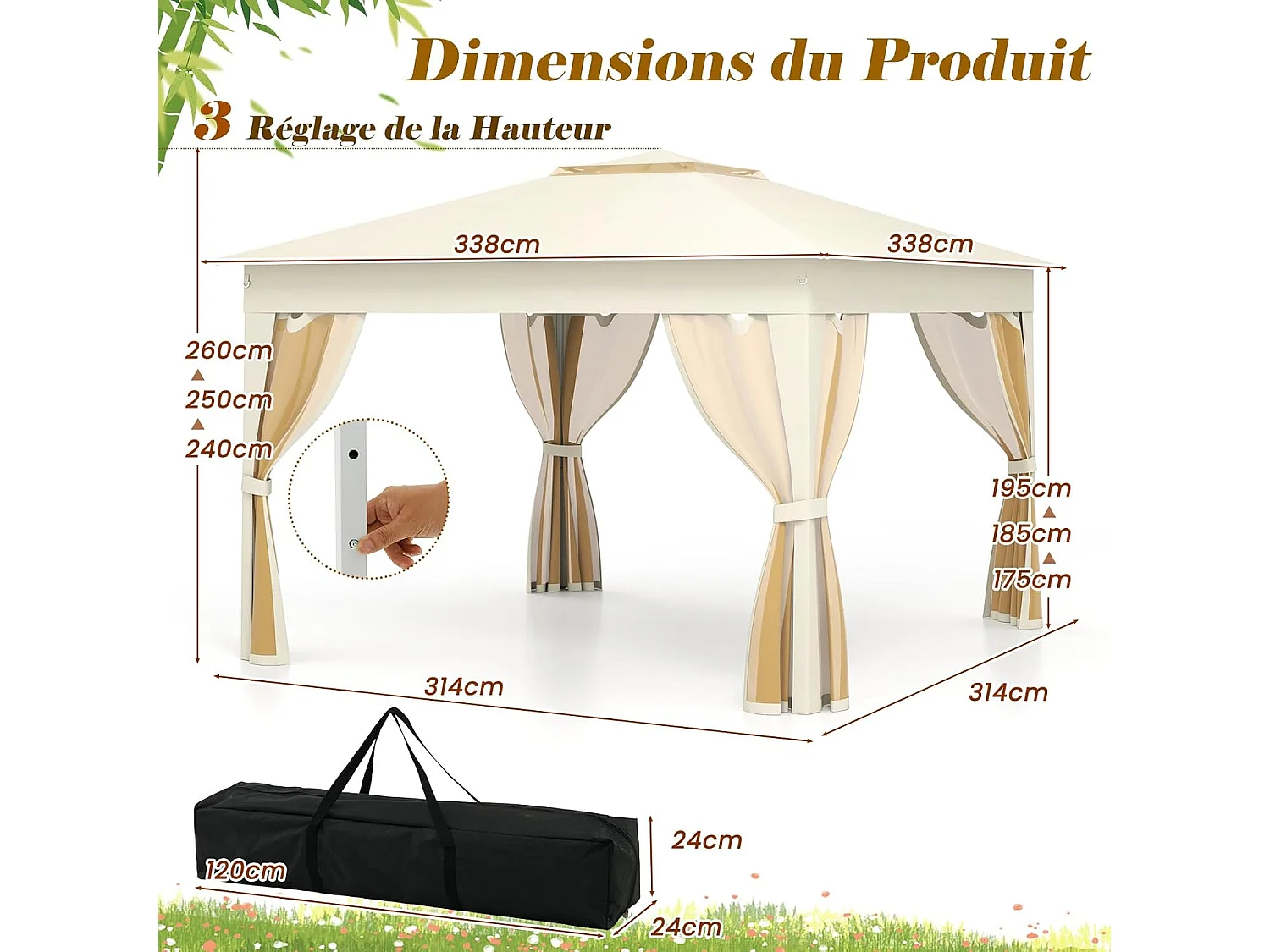 Tonnelle de Jardin 337 x 337 CM avec Filet en Maille 4 Côtés, Instantanée à Double Toit avec Sac de Transport, Abri Pare-Soleil Pliable Installation Facile, Beige