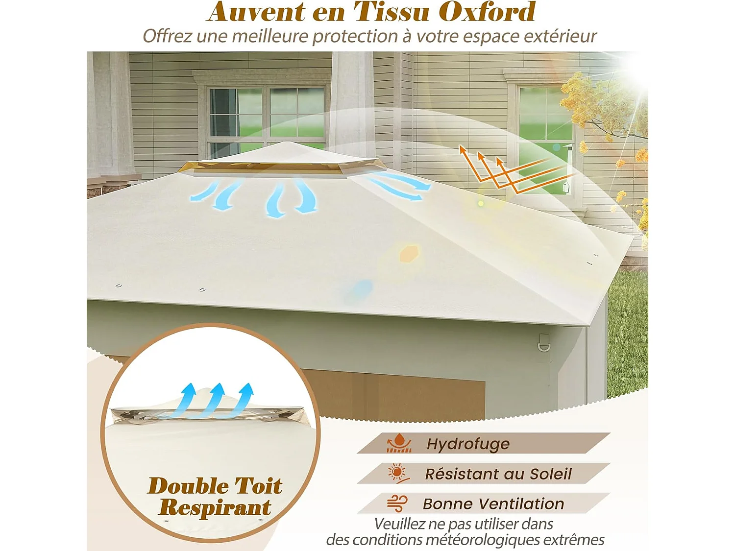 Tonnelle de Jardin 337 x 337 CM avec Filet en Maille 4 Côtés, Instantanée à Double Toit avec Sac de Transport, Abri Pare-Soleil Pliable Installation Facile, Beige