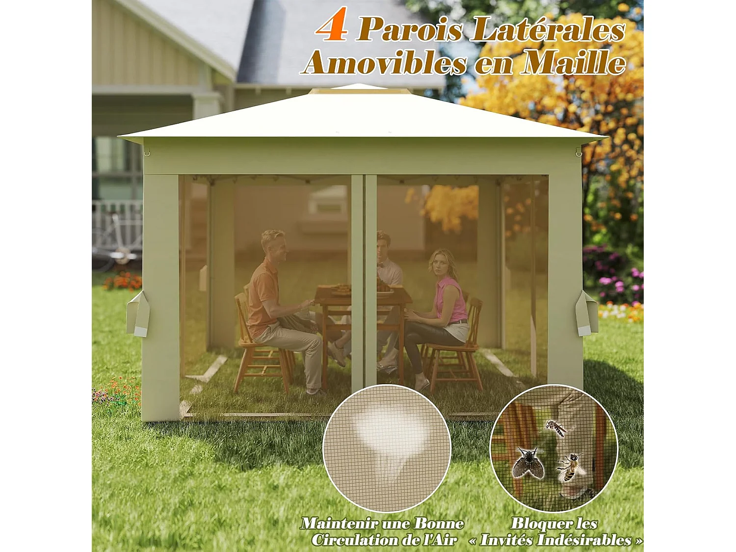 Tonnelle de Jardin 337 x 337 CM avec Filet en Maille 4 Côtés, Instantanée à Double Toit avec Sac de Transport, Abri Pare-Soleil Pliable Installation Facile, Beige