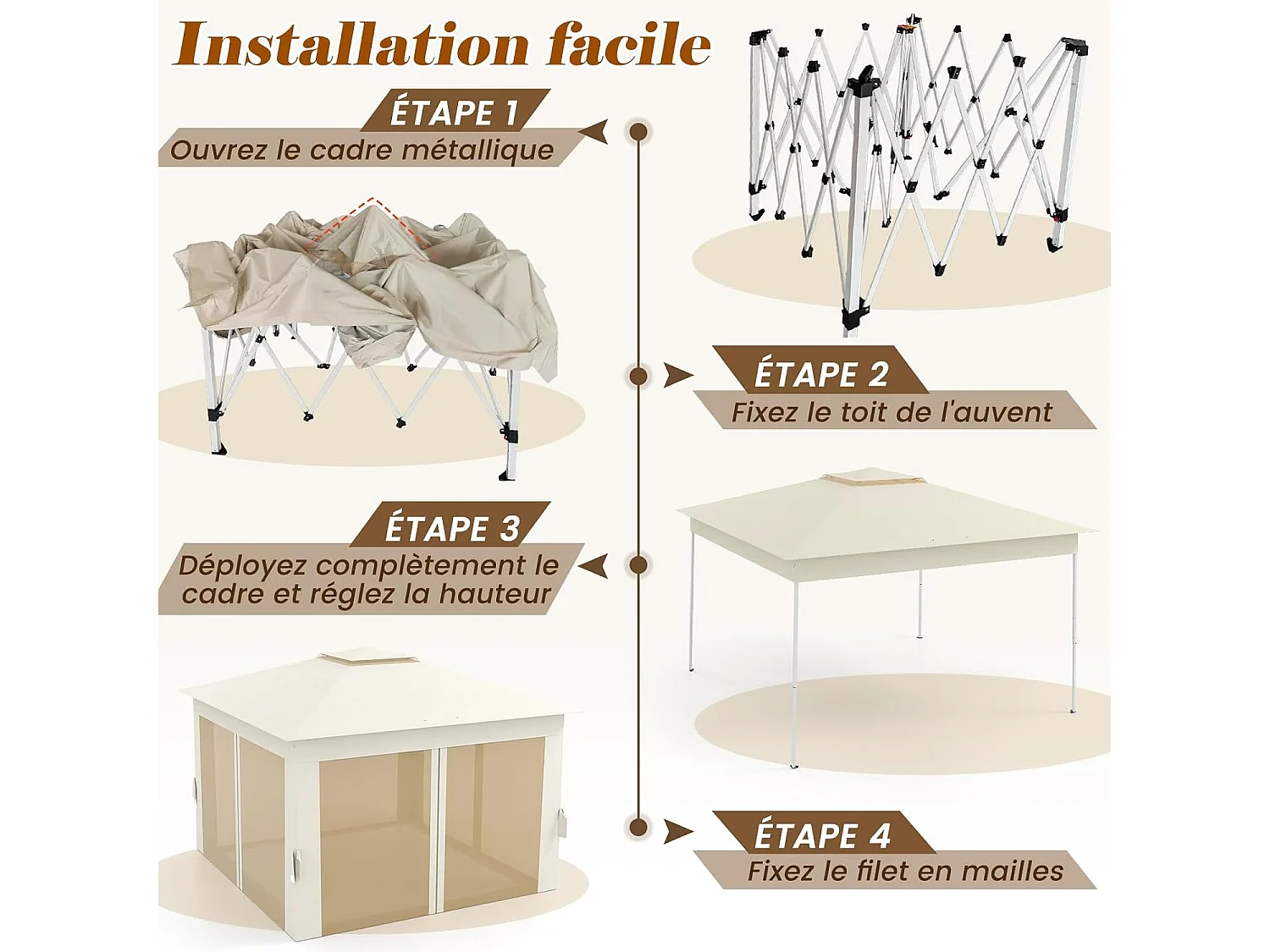 Tonnelle de Jardin 337 x 337 CM avec Filet en Maille 4 Côtés, Instantanée à Double Toit avec Sac de Transport, Abri Pare-Soleil Pliable Installation Facile, Beige