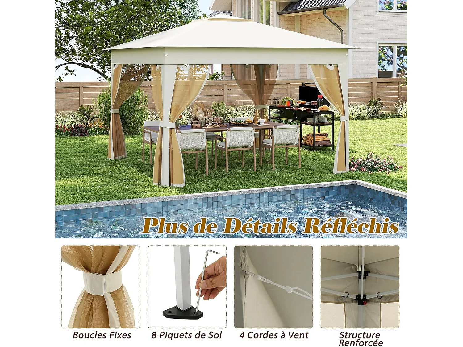 Tonnelle de Jardin 337 x 337 CM avec Filet en Maille 4 Côtés, Instantanée à Double Toit avec Sac de Transport, Abri Pare-Soleil Pliable Installation Facile, Beige