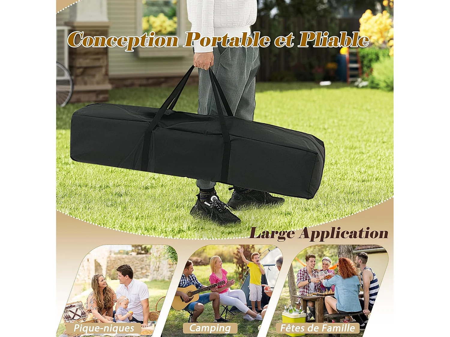 Tonnelle de Jardin 337 x 337 CM avec Filet en Maille 4 Côtés, Instantanée à Double Toit avec Sac de Transport, Abri Pare-Soleil Pliable Installation Facile, Beige