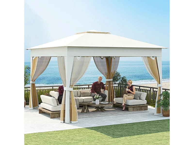 Tonnelle de Jardin 337 x 337 CM avec Filet en Maille 4 Côtés, Instantanée à Double Toit avec Sac de Transport, Abri Pare-Soleil Pliable Installation Facile, Beige