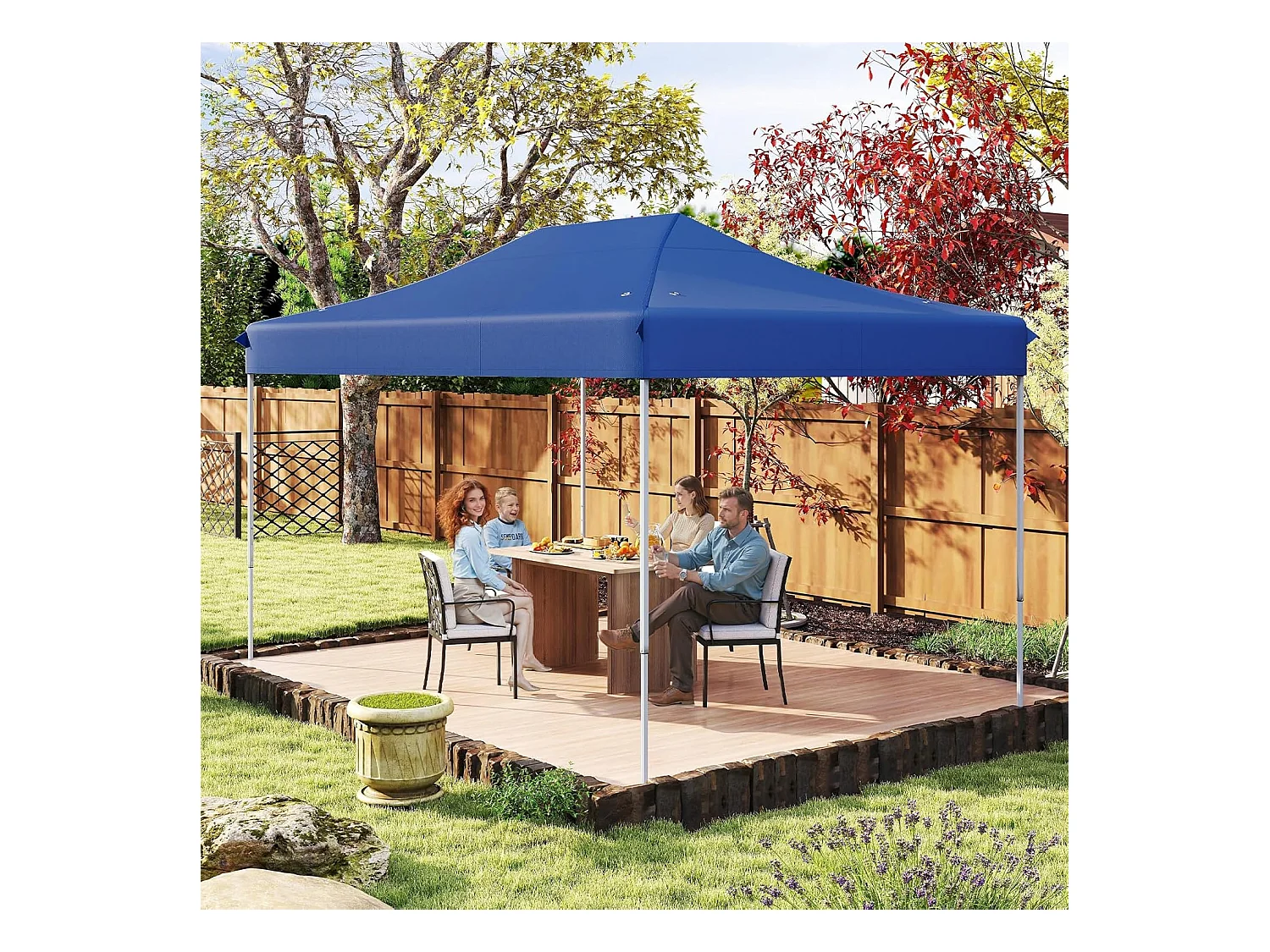 Tonnelle de Jardin Instantanée 300 x 445 CM, Tente de Jardin avec Trous de Drainage Sac à roulettes 4 Cordes, Abri Ajustable pour Marché Camping Mariage (Bleu)