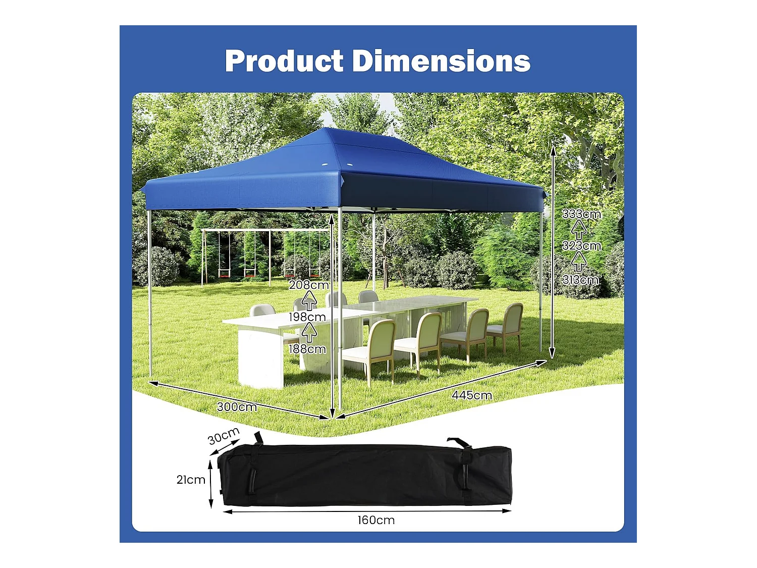 Tonnelle de Jardin Instantanée 300 x 445 CM, Tente de Jardin avec Trous de Drainage Sac à roulettes 4 Cordes, Abri Ajustable pour Marché Camping Mariage (Bleu)