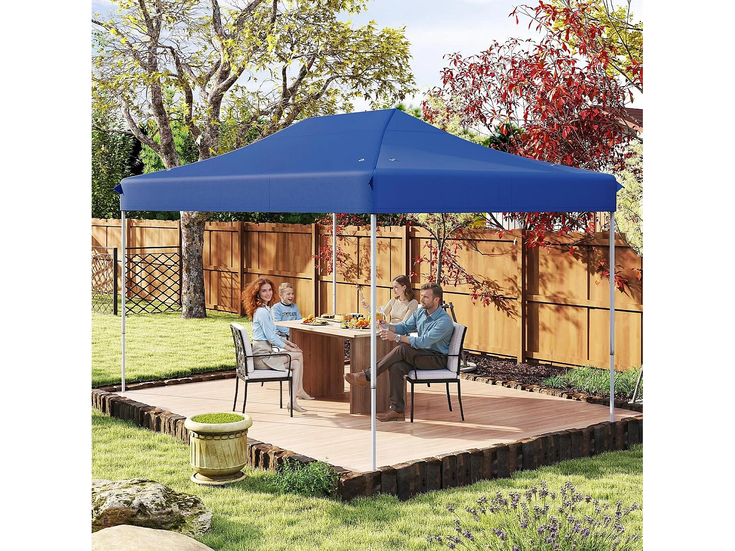 Tonnelle de Jardin Instantanée 300 x 445 CM, Tente de Jardin avec Trous de Drainage Sac à roulettes 4 Cordes, Abri Ajustable pour Marché Camping Mariage (Bleu)