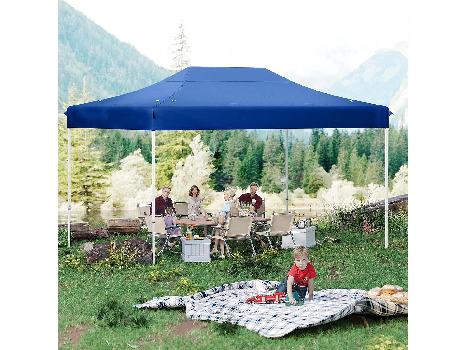 Tonnelle de Jardin Instantanée 300 x 445 CM, Tente de Jardin avec Trous de Drainage Sac à roulettes 4 Cordes, Abri Ajustable pour Marché Camping Mariage (Bleu)