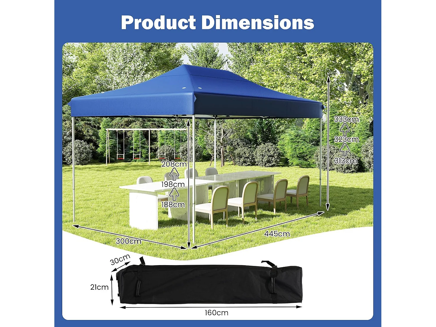 Tonnelle de Jardin Instantanée 300 x 445 CM, Tente de Jardin avec Trous de Drainage Sac à roulettes 4 Cordes, Abri Ajustable pour Marché Camping Mariage (Bleu)