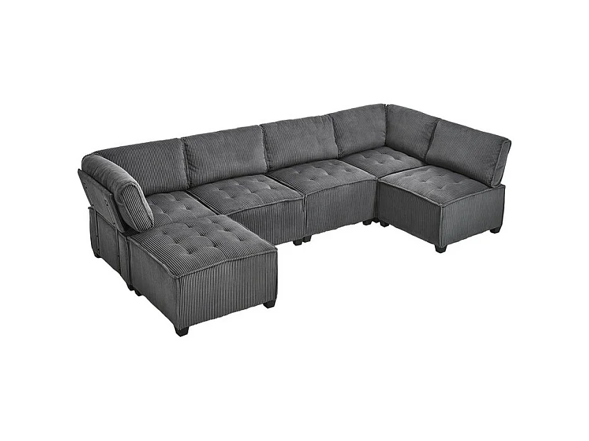 Hoekbank modulair ombouwbaar in fluweel grijs - 6-zits - ergonomisch - met opbergzakken - 308x154x82cm