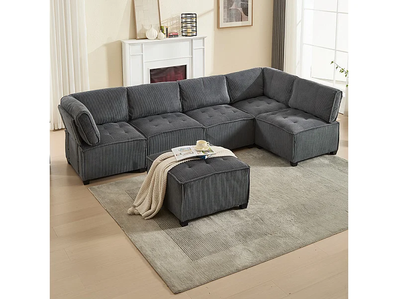 Hoekbank modulair ombouwbaar in fluweel grijs - 6-zits - ergonomisch - met opbergzakken - 308x154x82cm