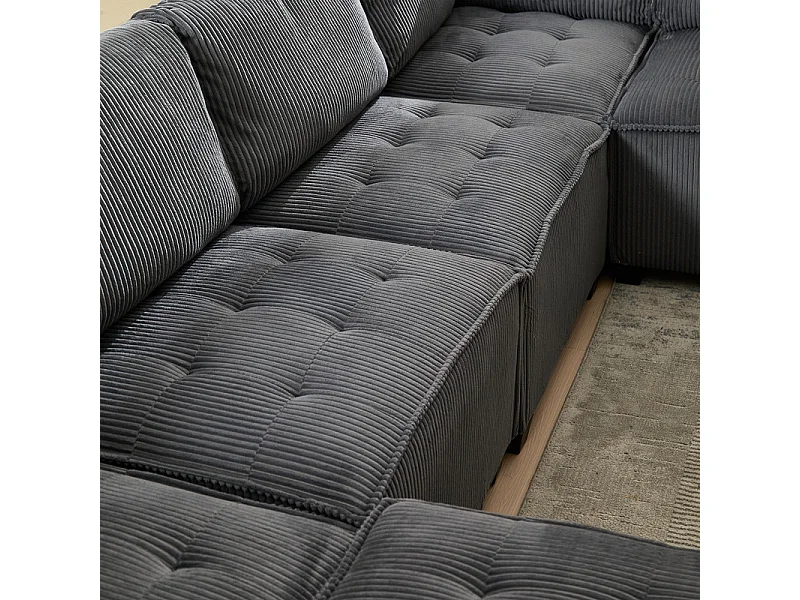 Hoekbank modulair ombouwbaar in fluweel grijs - 6-zits - ergonomisch - met opbergzakken - 308x154x82cm