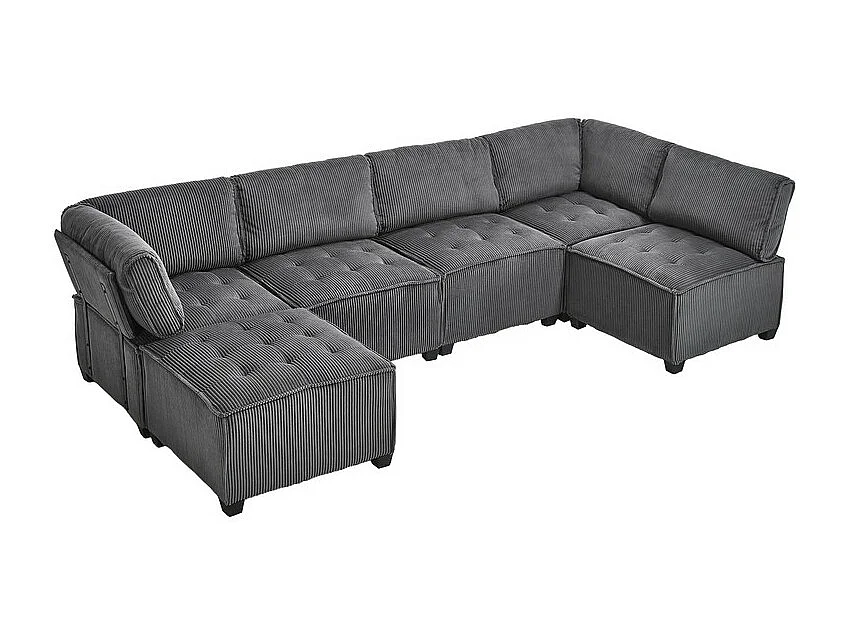 Canapé d'angle modulable convertible en Velours gris - 6 places - ergonomique - avec poches de rangement - 308x154x82cm