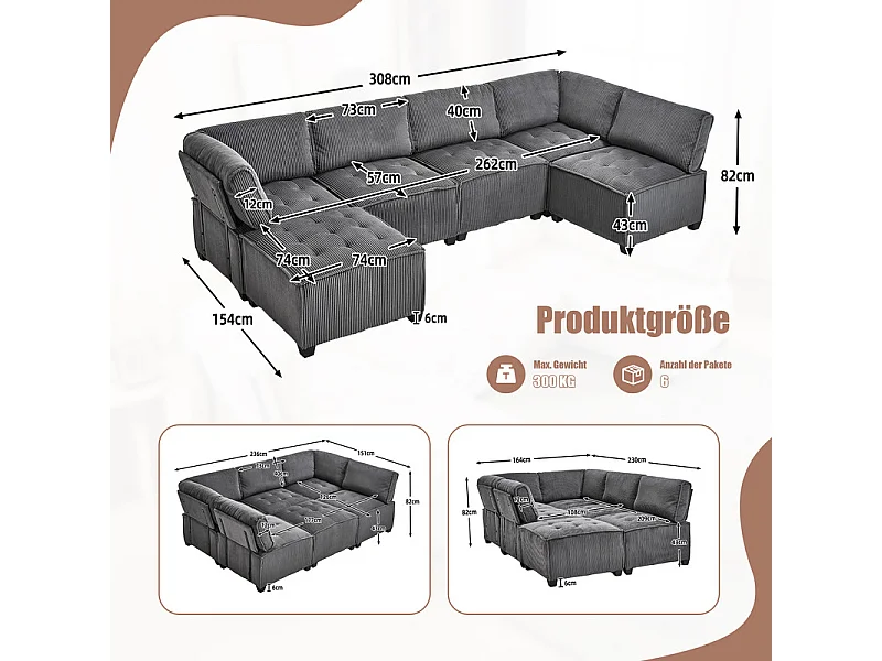 Canapé d'angle modulable convertible en Velours gris - 6 places - ergonomique - avec poches de rangement - 308x154x82cm