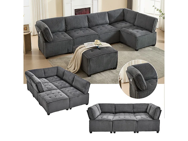 Canapé d'angle modulable convertible en Velours gris - 6 places - ergonomique - avec poches de rangement - 308x154x82cm