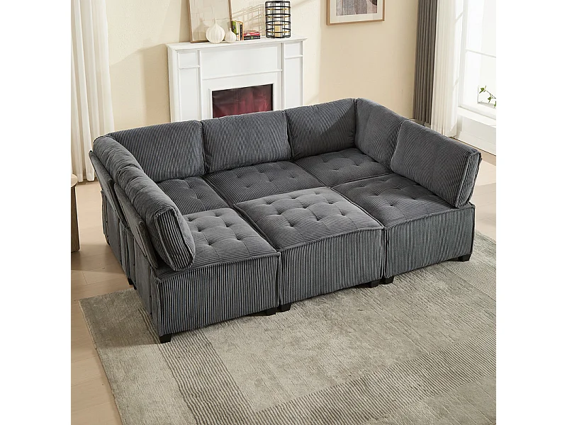 Canapé d'angle modulable convertible en Velours gris - 6 places - ergonomique - avec poches de rangement - 308x154x82cm