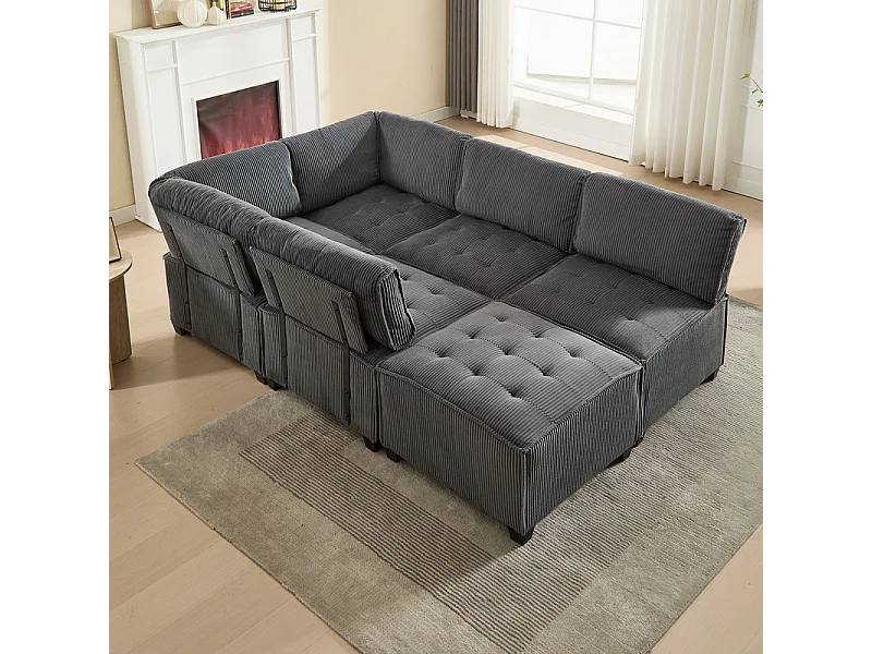 Canapé d'angle modulable convertible en Velours gris - 6 places - ergonomique - avec poches de rangement - 308x154x82cm