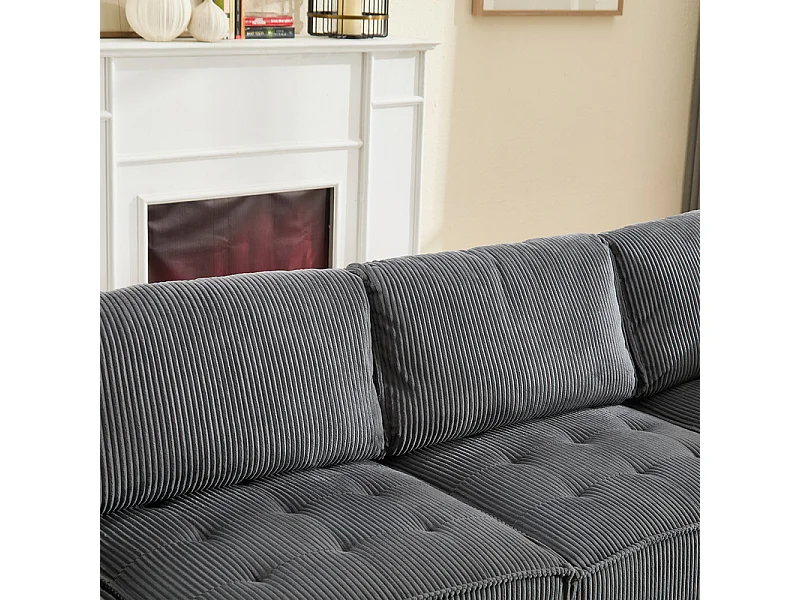 Canapé d'angle modulable convertible en Velours gris - 6 places - ergonomique - avec poches de rangement - 308x154x82cm
