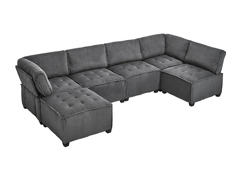 Canapé d'angle modulable convertible en Velours gris - 6 places - ergonomique - avec poches de rangement - 308x154x82cm