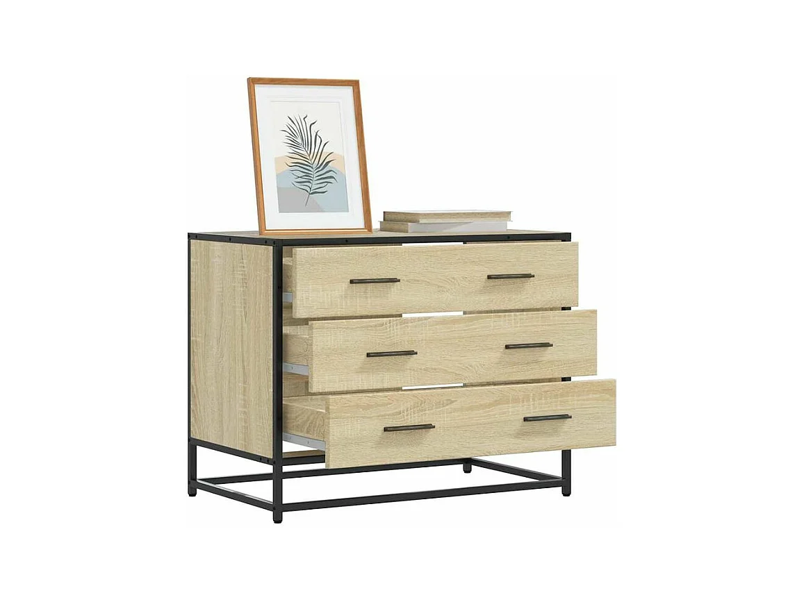 Commode 3 tiroirs Dovany L70xH56xP41 - Bois et métal-Couleur Chêne clair