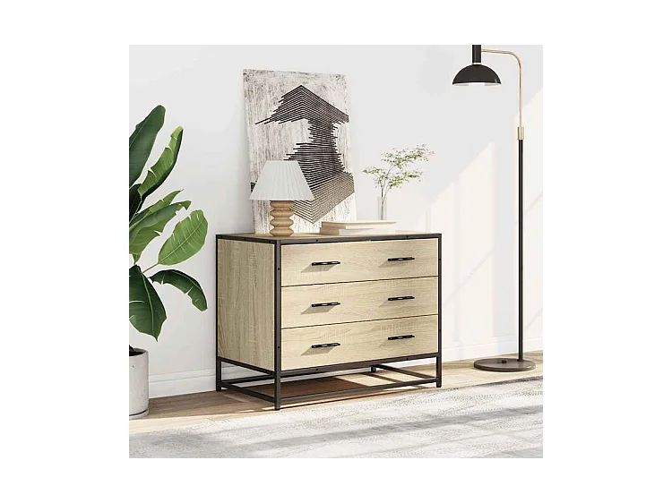 Commode 3 tiroirs Dovany L70xH56xP41 - Bois et métal-Couleur Chêne clair