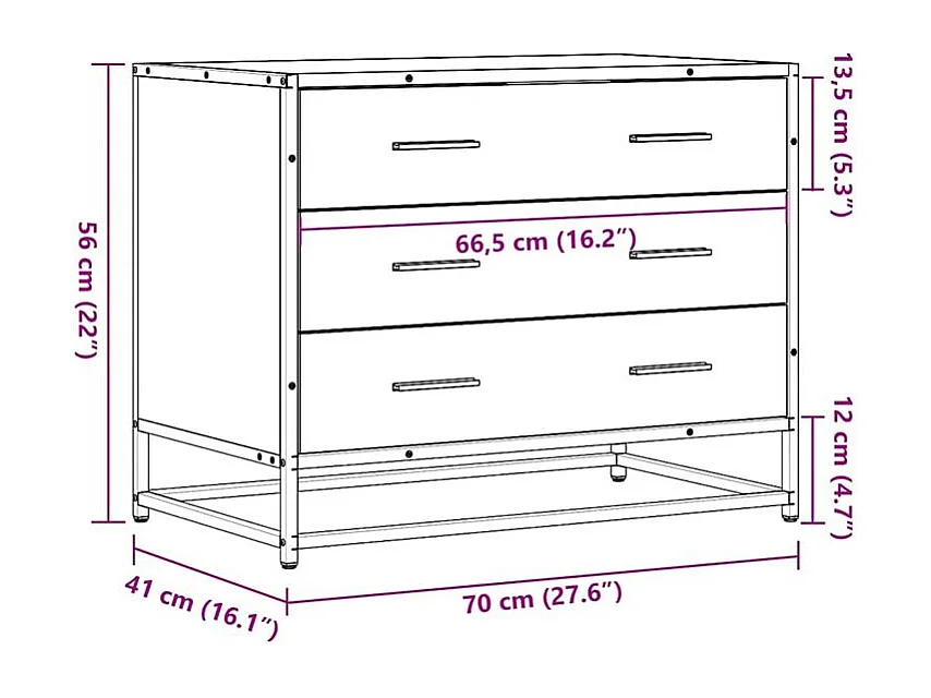 Commode 3 tiroirs Dovany L70xH56xP41 - Bois et métal-Couleur Chêne clair