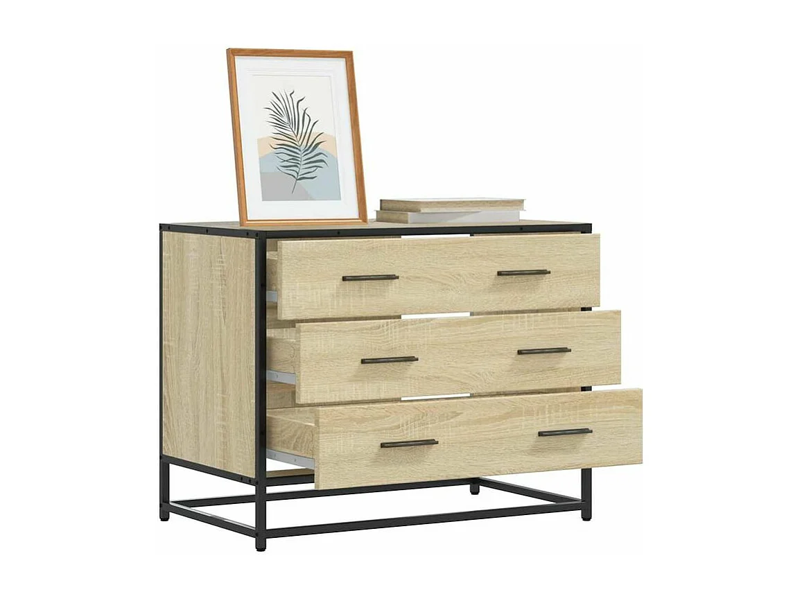 Commode 3 tiroirs Dovany L70xH56xP41 - Bois et métal-Couleur Chêne clair