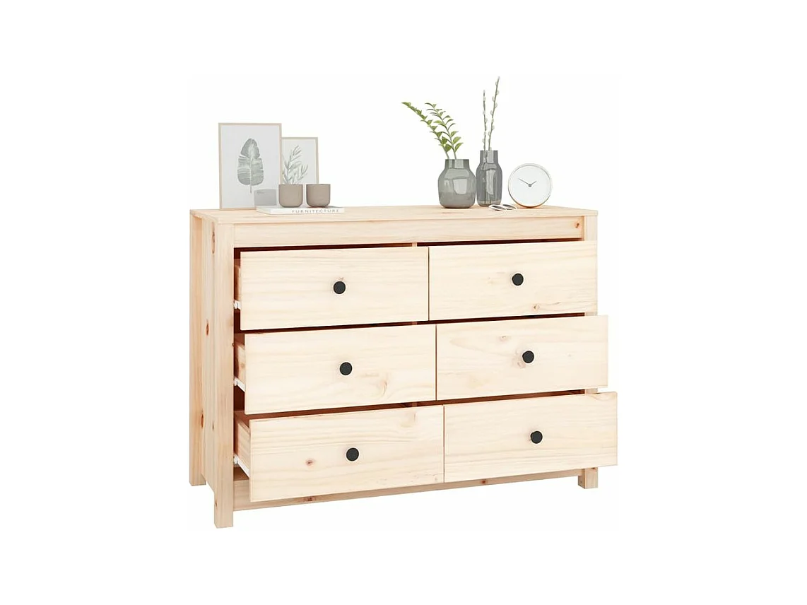 Commode 6 tiroirs en bois de pin massif 100cm – Collection Kaskita-Couleur Naturel