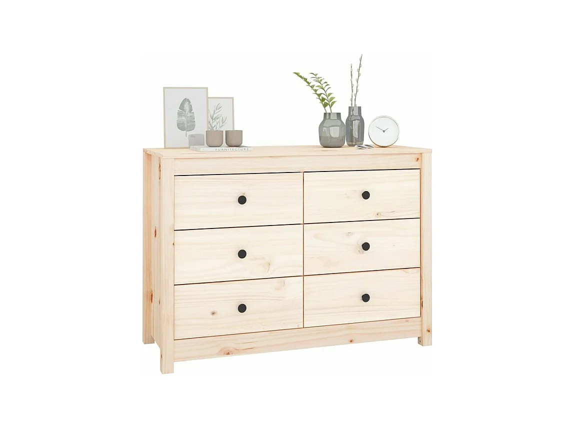 Commode 6 tiroirs en bois de pin massif 100cm – Collection Kaskita-Couleur Naturel