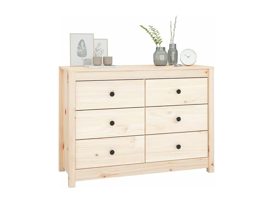 Commode 6 tiroirs en bois de pin massif 100cm – Collection Kaskita-Couleur Naturel