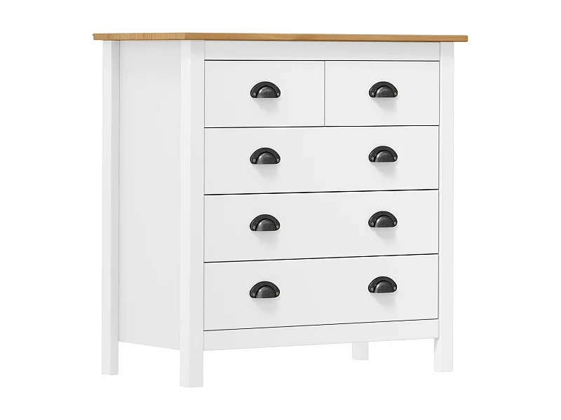 Petite commode 5 tiroirs Kalexia 79cm - Bois de pin massif-Couleur Blanc et Chêne