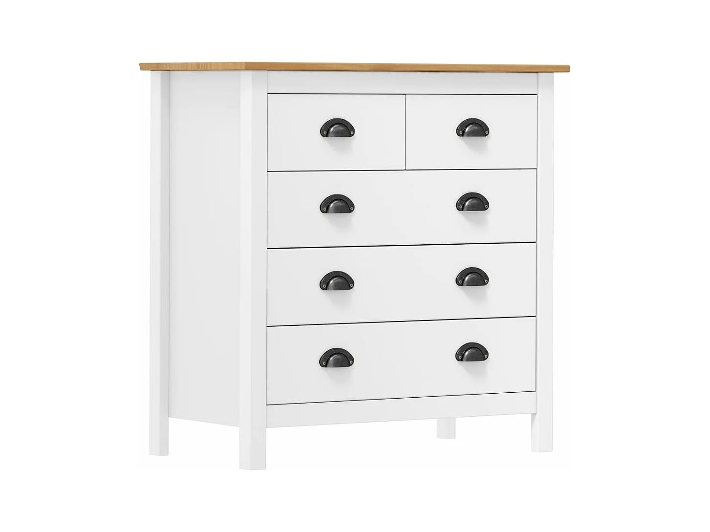 Petite commode 5 tiroirs Kalexia 79cm - Bois de pin massif-Couleur Blanc et Chêne