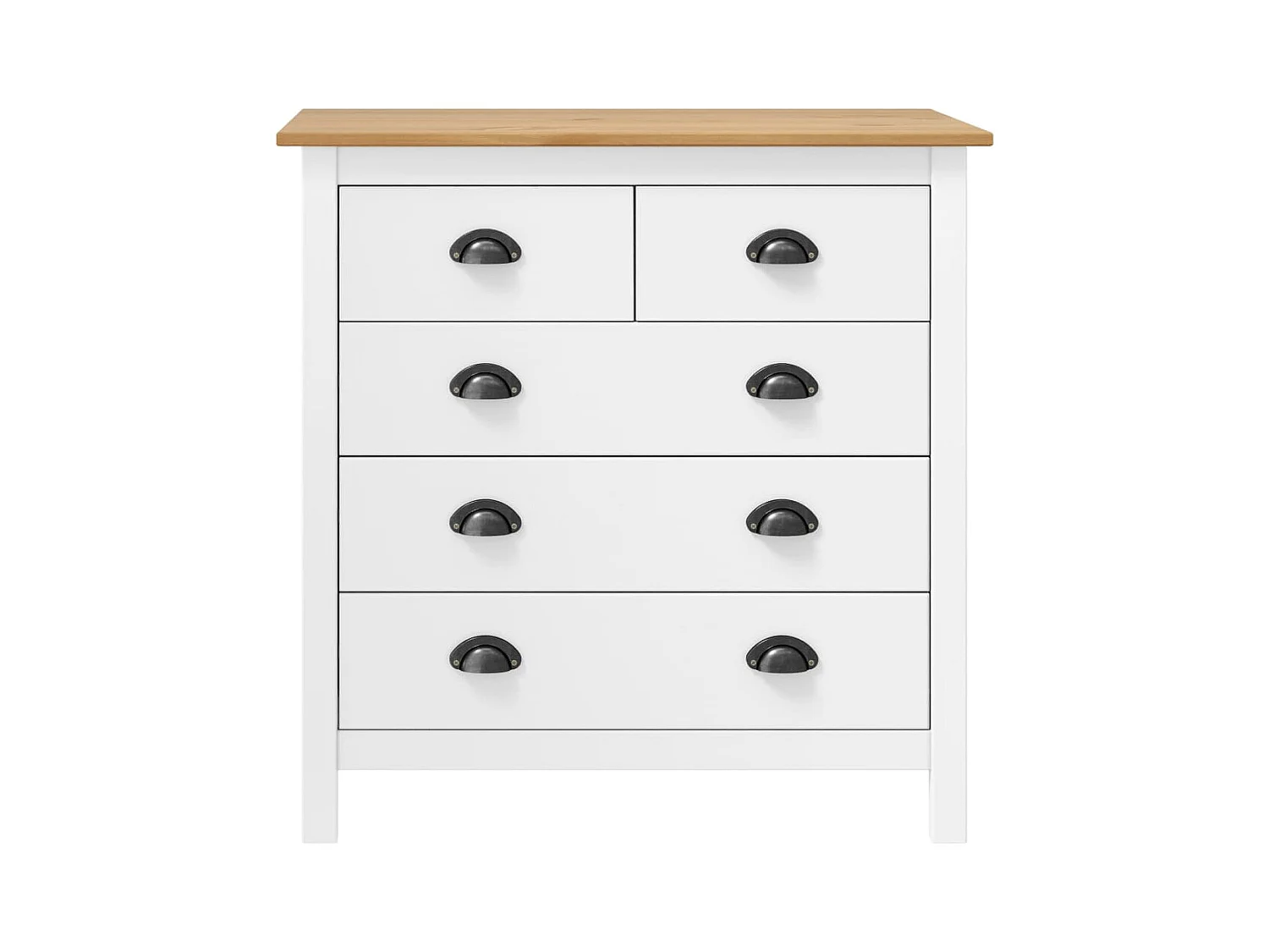 Petite commode 5 tiroirs Kalexia 79cm - Bois de pin massif-Couleur Blanc et Chêne
