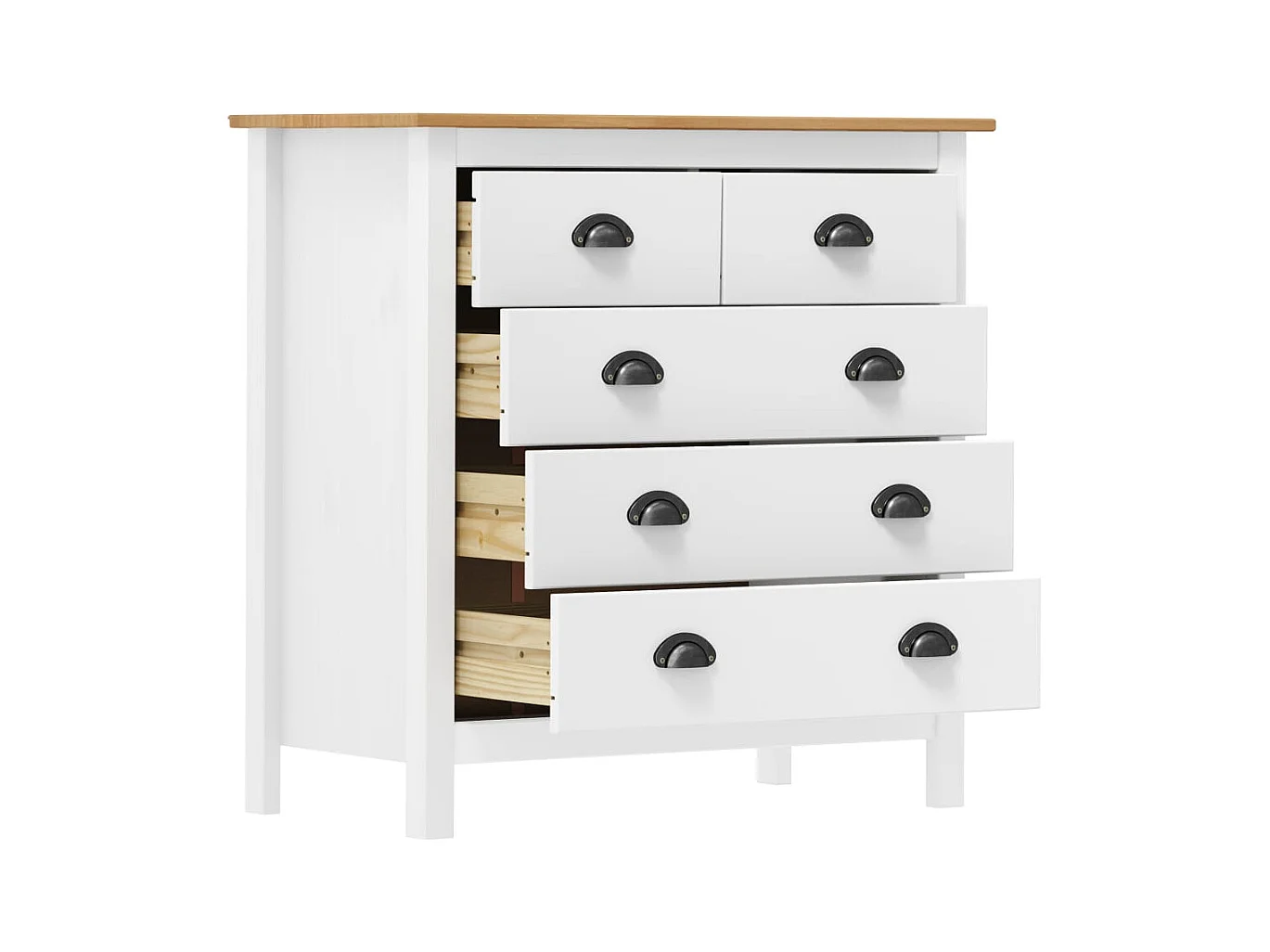 Petite commode 5 tiroirs Kalexia 79cm - Bois de pin massif-Couleur Blanc et Chêne