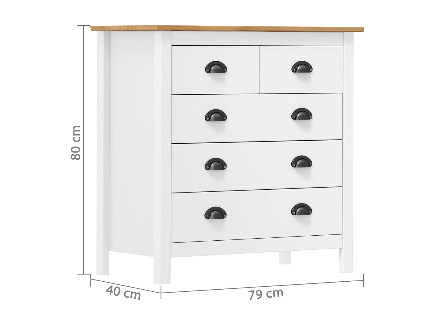 Petite commode 5 tiroirs Kalexia 79cm - Bois de pin massif-Couleur Blanc et Chêne