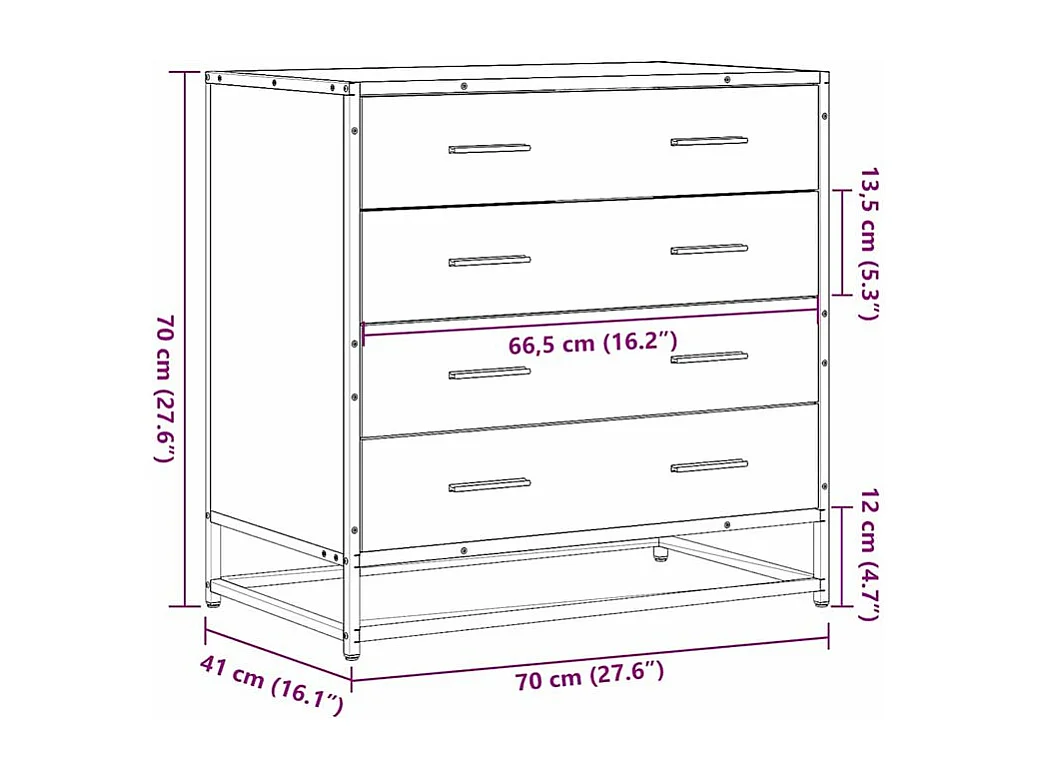 Commode 4 tiroirs Dovany L70xH70xP41 - Bois et métal-Couleur Marron fumé