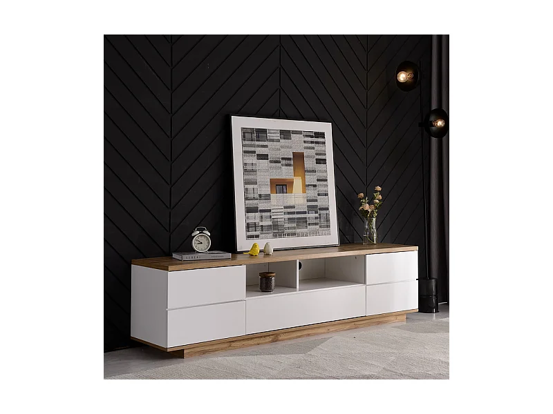 Mobile TV con 6 ante e 2 nicchie in MDF - Bianco e naturale - 180x38x46cm