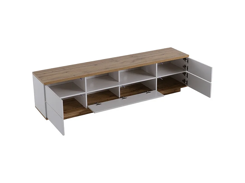 Mobile TV con 6 ante e 2 nicchie in MDF - Bianco e naturale - 180x38x46cm