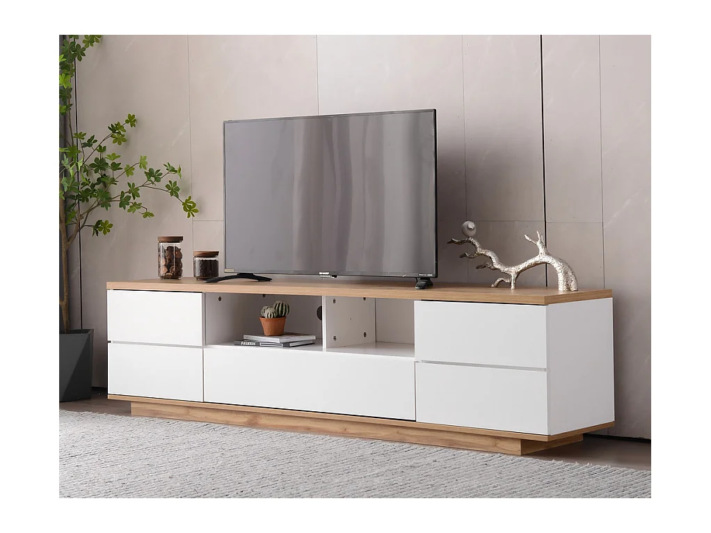 TV-Möbel mit 6 Türen und 2 Nischen aus MDF - Weiß und Natur - 180x38x46cm