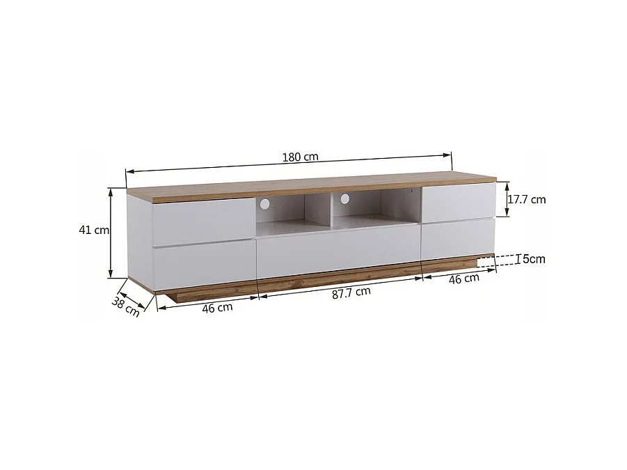 Mueble TV con 6 puertas y 2 nichos en MDF - Blanco y natural - 180x38x46cm