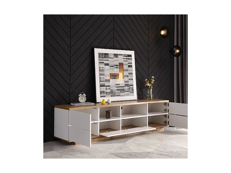 Mueble TV con 6 puertas y 2 nichos en MDF - Blanco y natural - 180x38x46cm