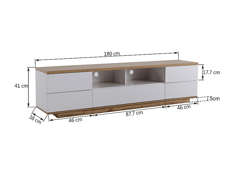 Meuble TV avec 6 portes et 2 niches en MDF - Blanc et naturel - 180x38x46cm