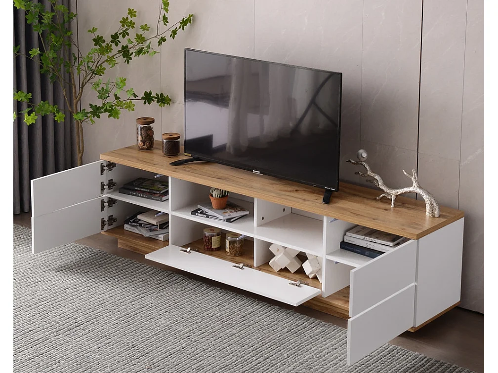 Meuble TV avec 6 portes et 2 niches en MDF - Blanc et naturel - 180x38x46cm