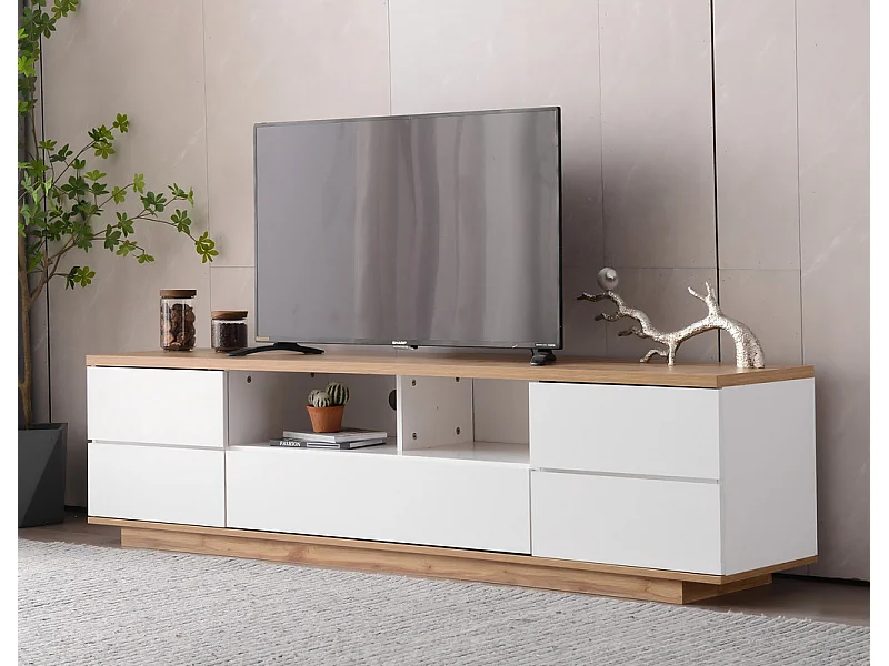 TV-meubel met 6 deuren en 2 nissen in MDF - Wit en naturel - 180x38x46cm