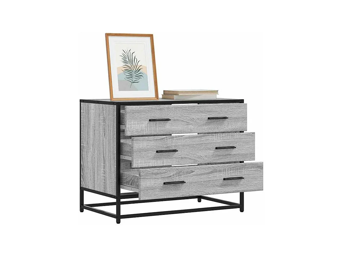 Commode 3 tiroirs Dovany L70xH56xP41 - Bois et métal-Couleur Chêne gris
